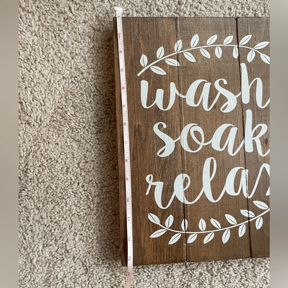 Wash Soak Relax, Brown White Calligraphy Farm Chic Rustic Wooden Bath Sign Decor
